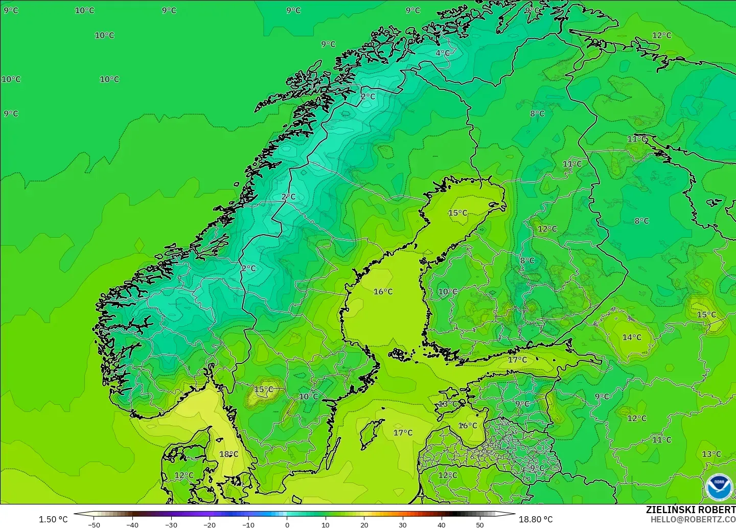 GFS modelo - Escandinavia, Temperatura a 2 m