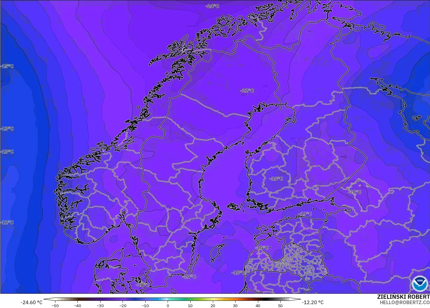 GFS modelo - Escandinavia, Temperatura a 500 hPa