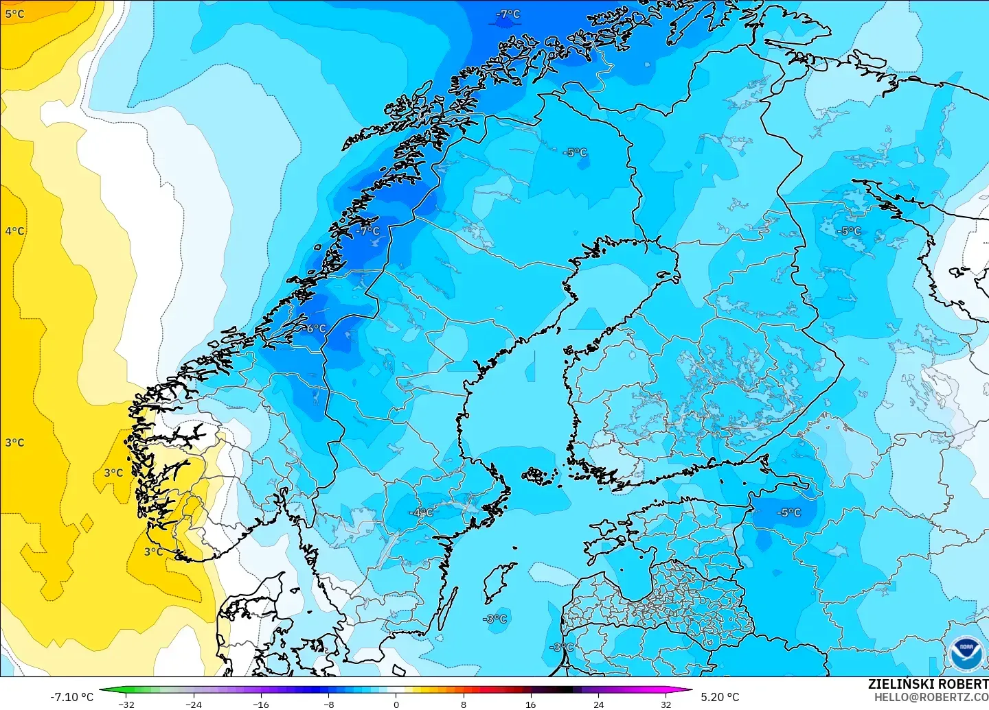 GFS modelo - Escandinavia, Anomalía de temperatura a 850 hPa