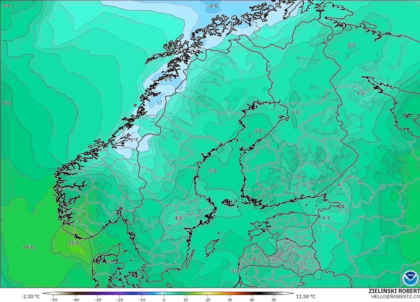 GFS modelo - Escandinavia, Temperatura a 850 hPa