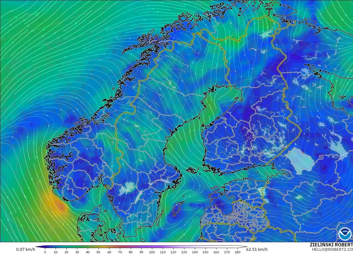 GFS modelo - Escandinavia, Viento a 10 m