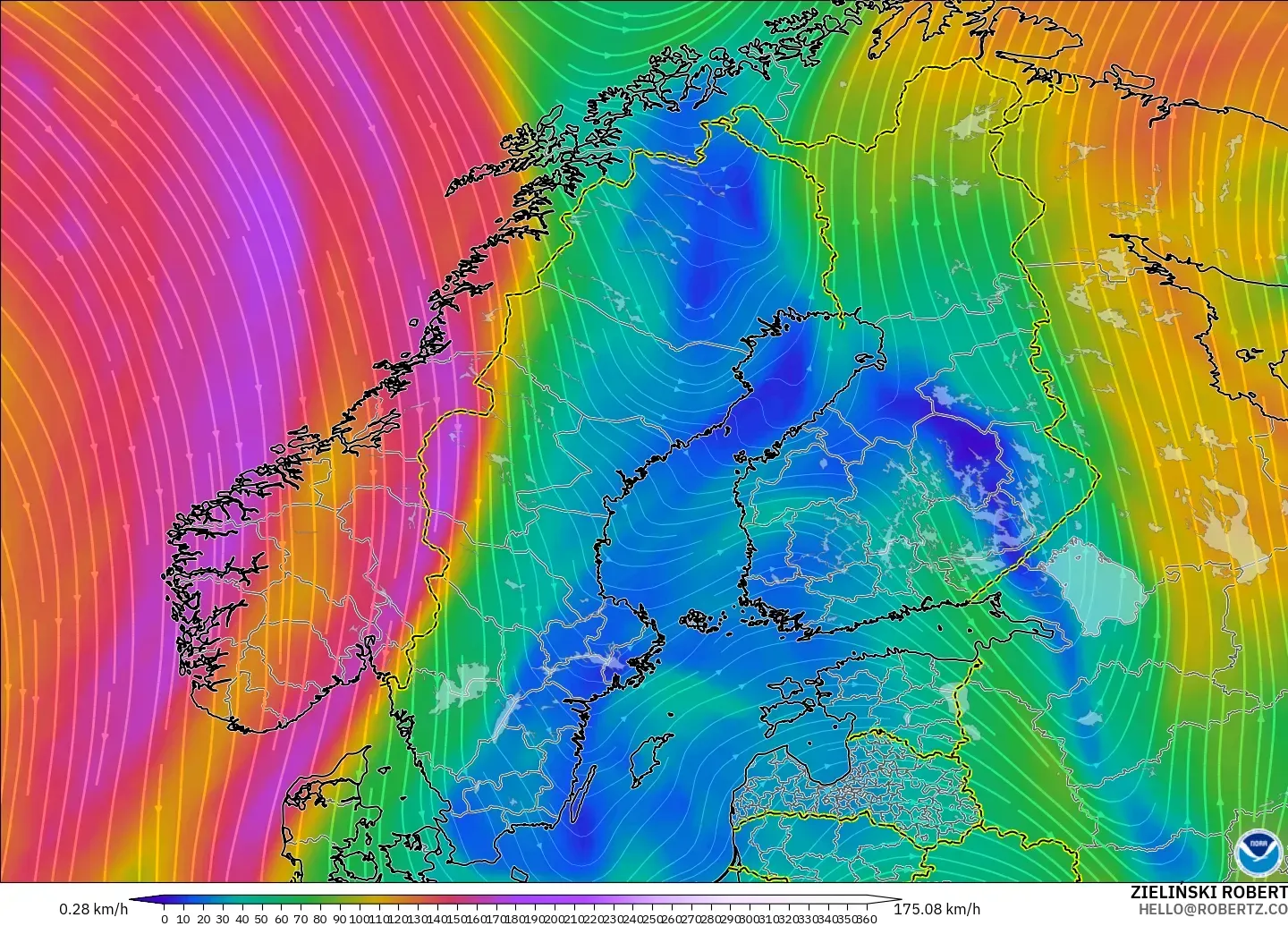 GFS modelo - Escandinavia, Viento a 300 hPa (corriente en chorro)