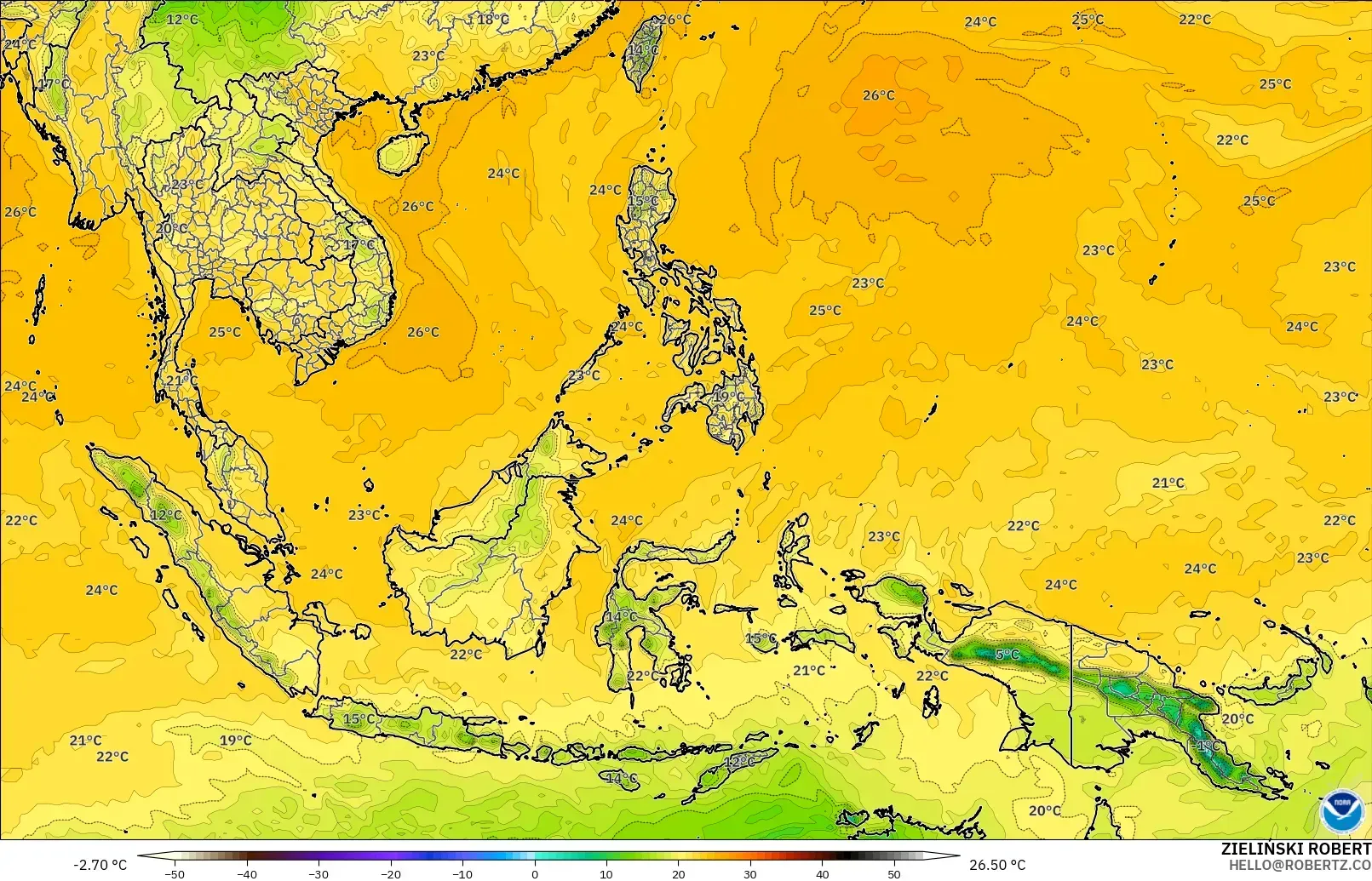 GFS modelo - Sudeste Asiático, Punto de rocío a 2 m