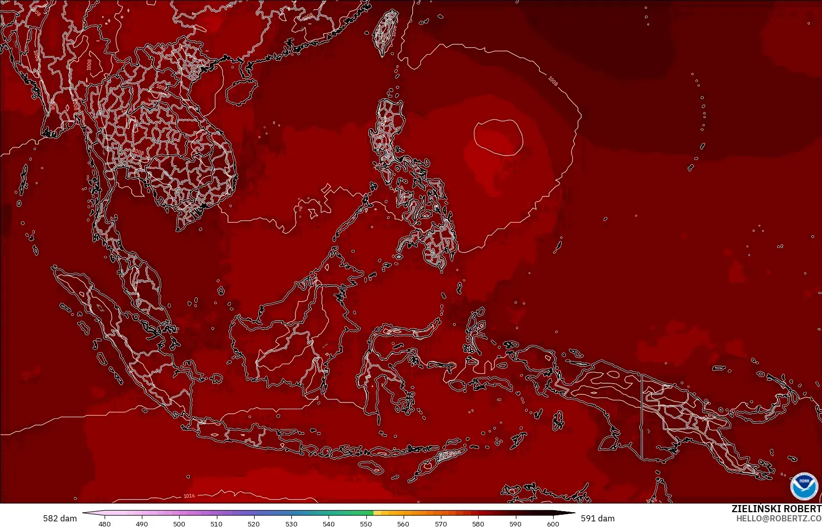 GFS modelo - Sudeste Asiático, Altura geopotencial a 500 hPa