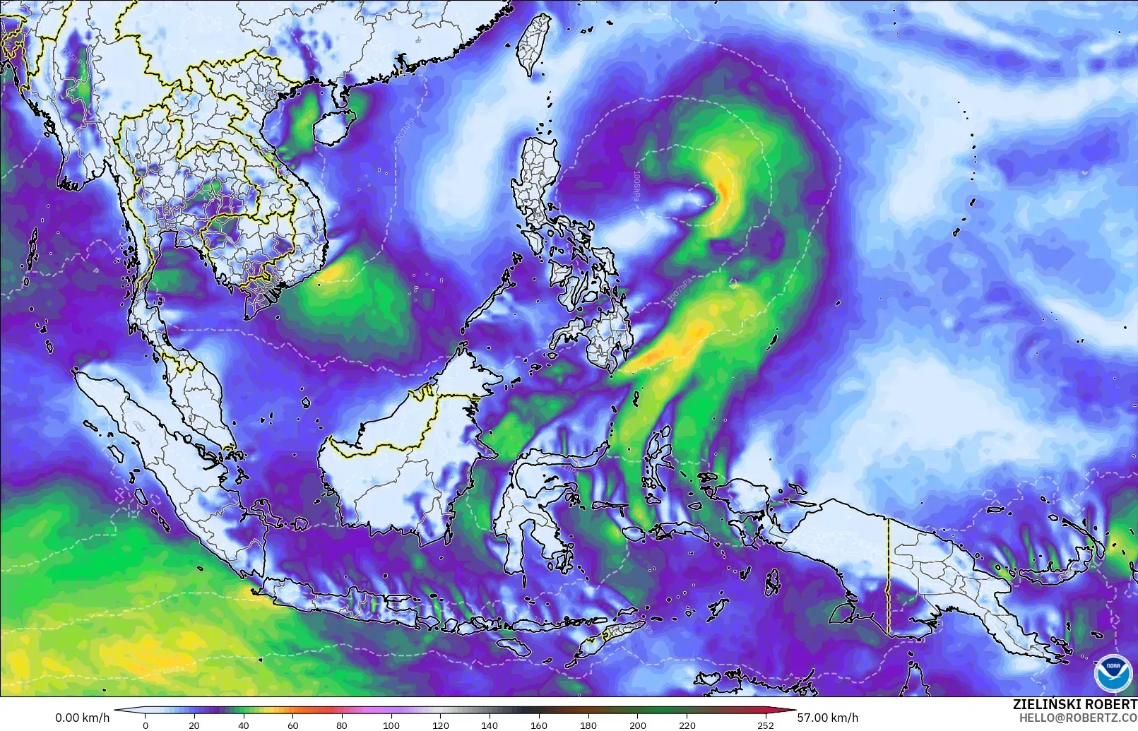 GFS modelo - Sudeste Asiático, Ráfagas de Viento Máximas