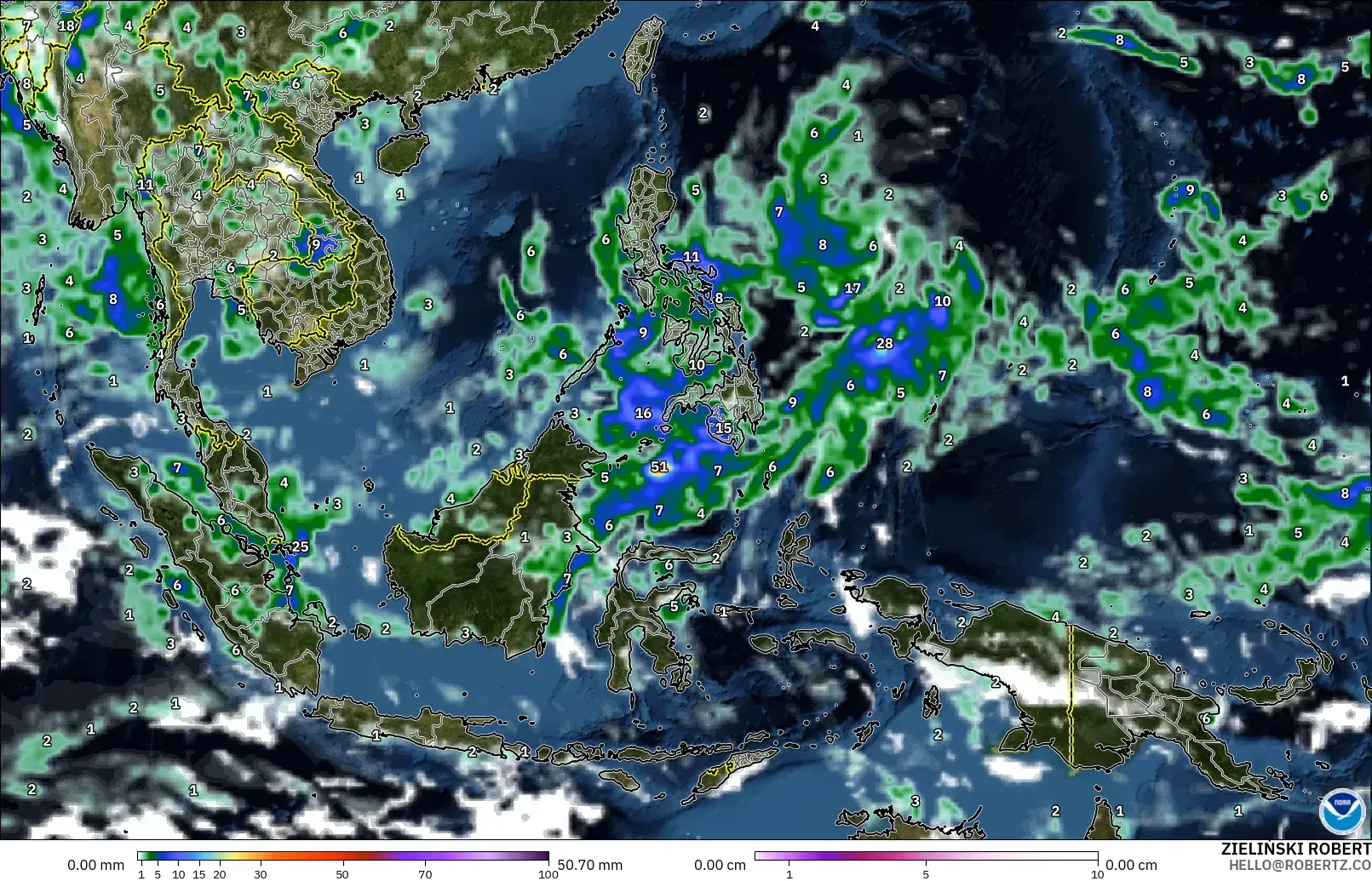 GFS modelo - Sudeste Asiático, Precipitación, nubes y presión