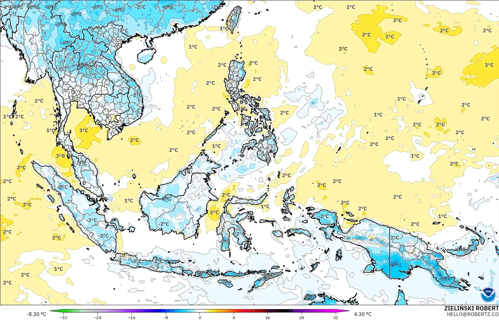 GFS modelo - Sudeste Asiático, Anomalía de temperatura a 2 m