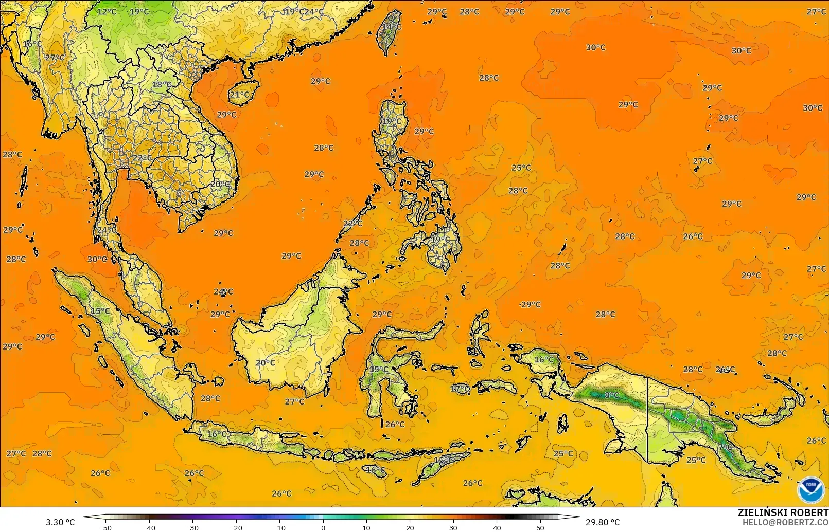 GFS modelo - Sudeste Asiático, Temperatura a 2 m