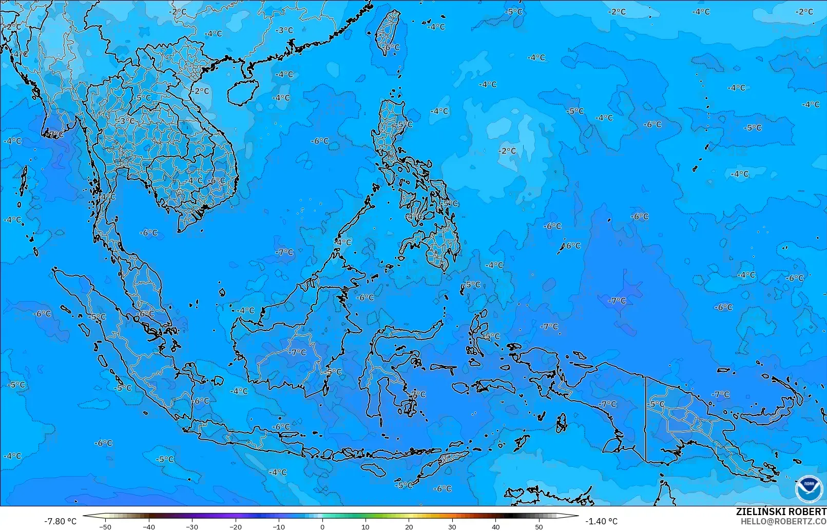 GFS modelo - Sudeste Asiático, Temperatura a 500 hPa