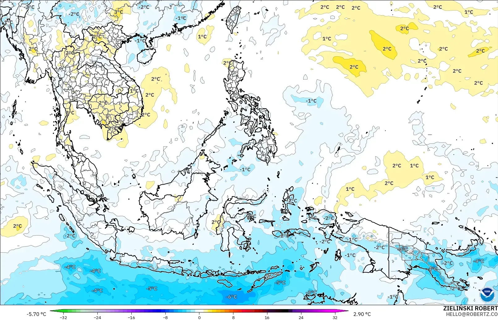 GFS modelo - Sudeste Asiático, Anomalía de temperatura a 850 hPa