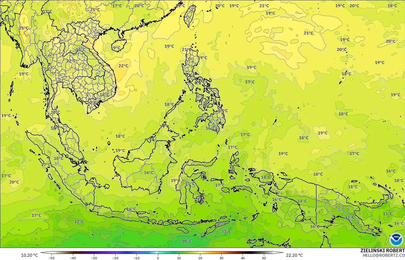 GFS modelo - Sudeste Asiático, Temperatura a 850 hPa