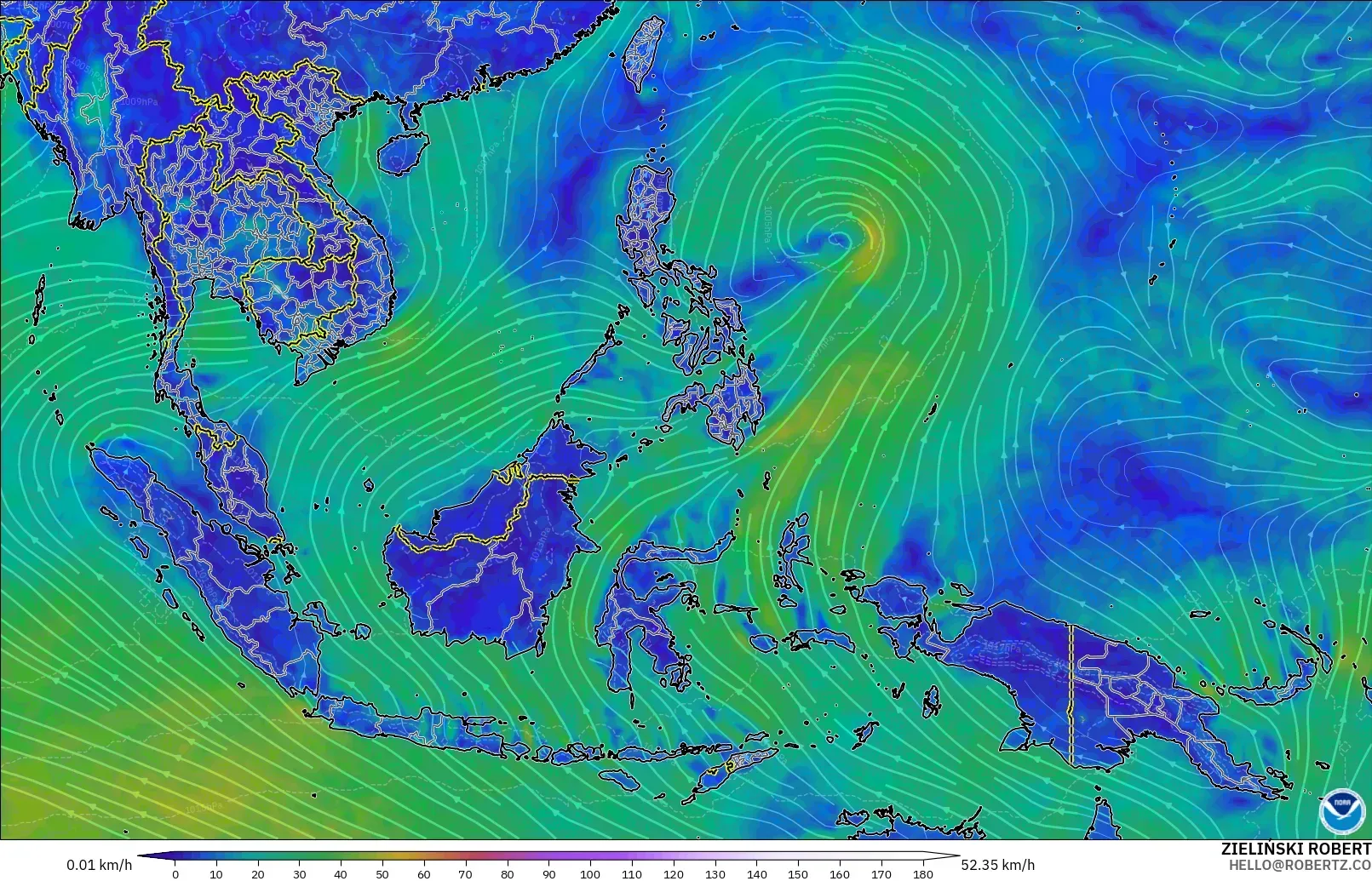 GFS modelo - Sudeste Asiático, Viento a 10 m