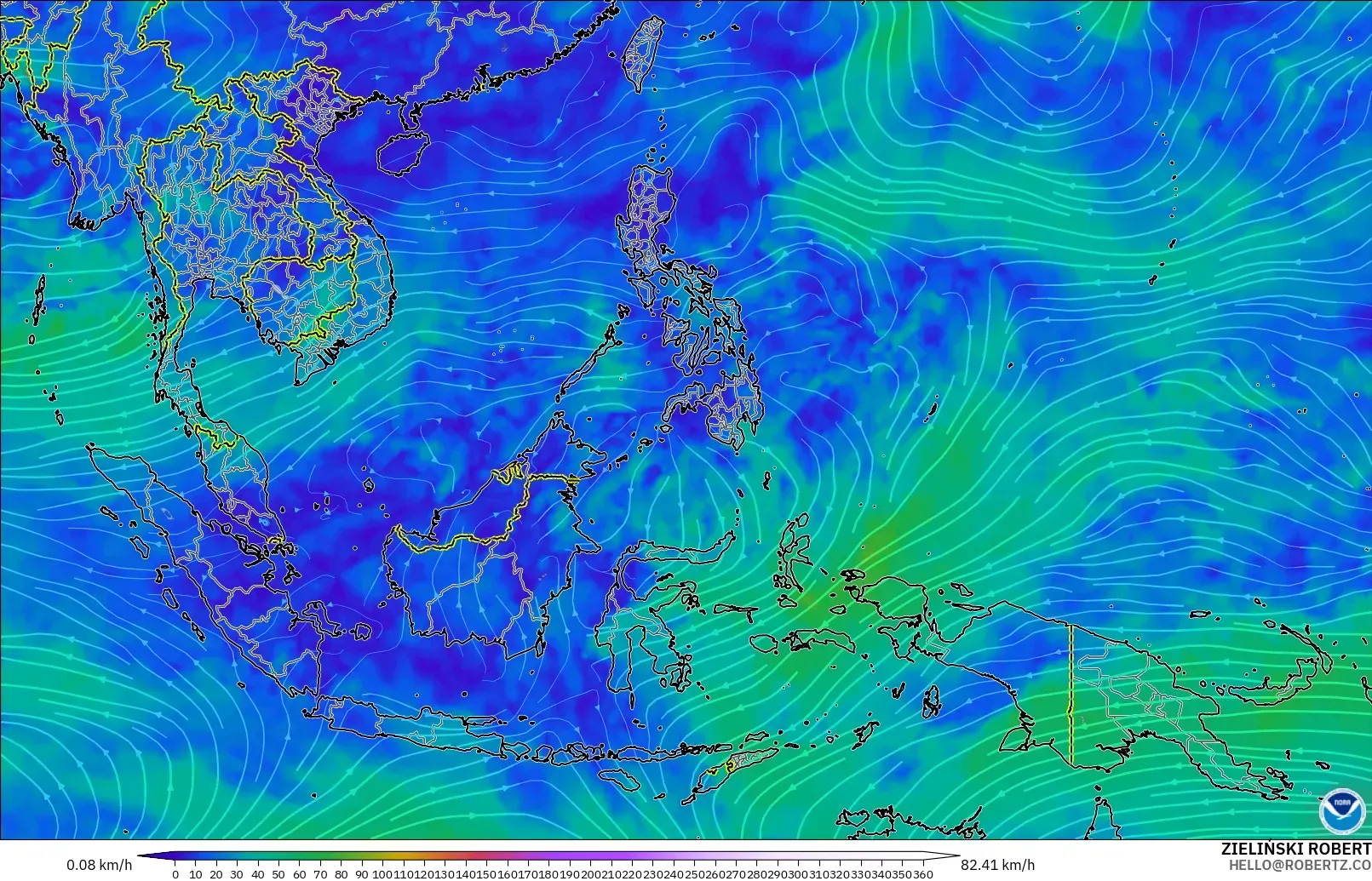 GFS modelo - Sudeste Asiático, Viento a 300 hPa (corriente en chorro)
