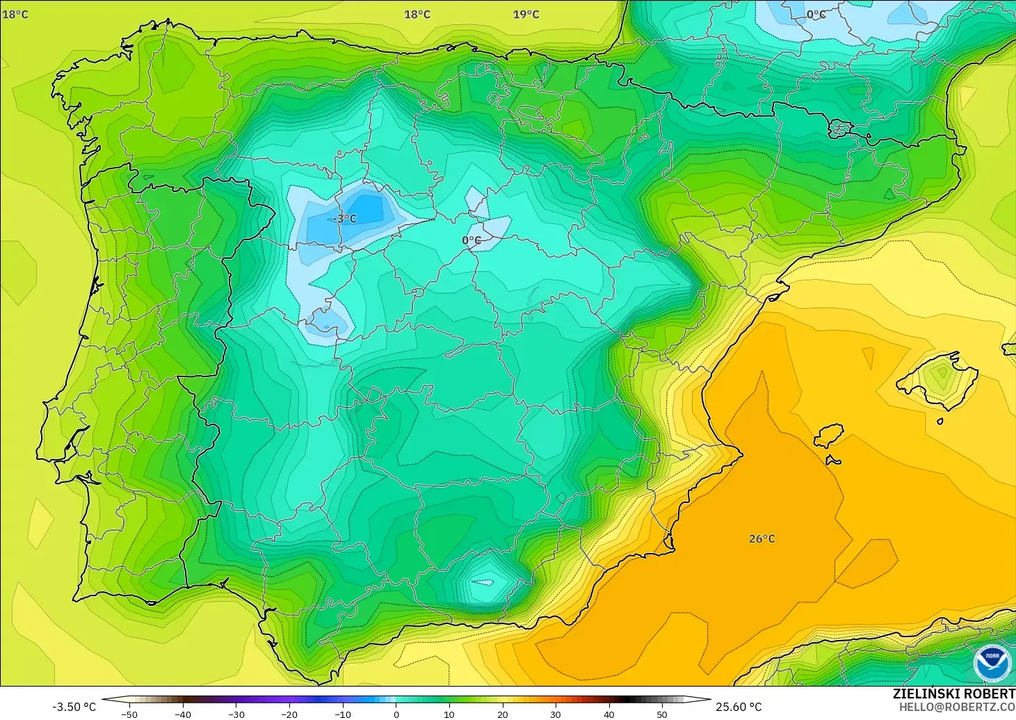 GFS modelo - España, Punto de rocío a 2 m