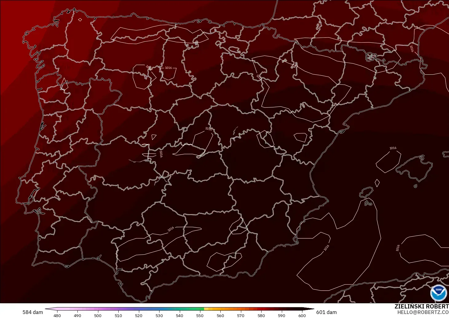 GFS modelo - España, Altura geopotencial a 500 hPa
