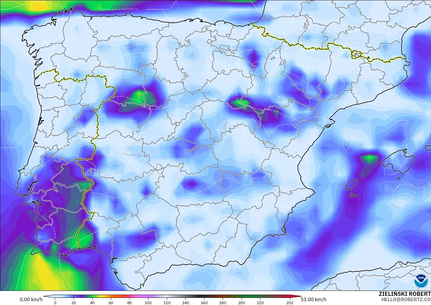 GFS modelo - España, Ráfagas de viento