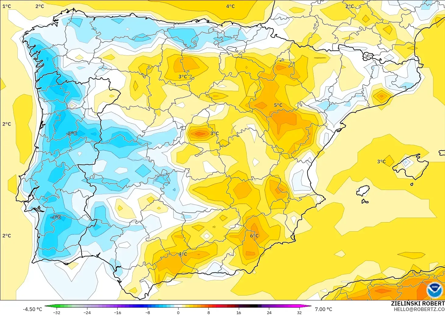 GFS modelo - España, Anomalía de temperatura a 2 m