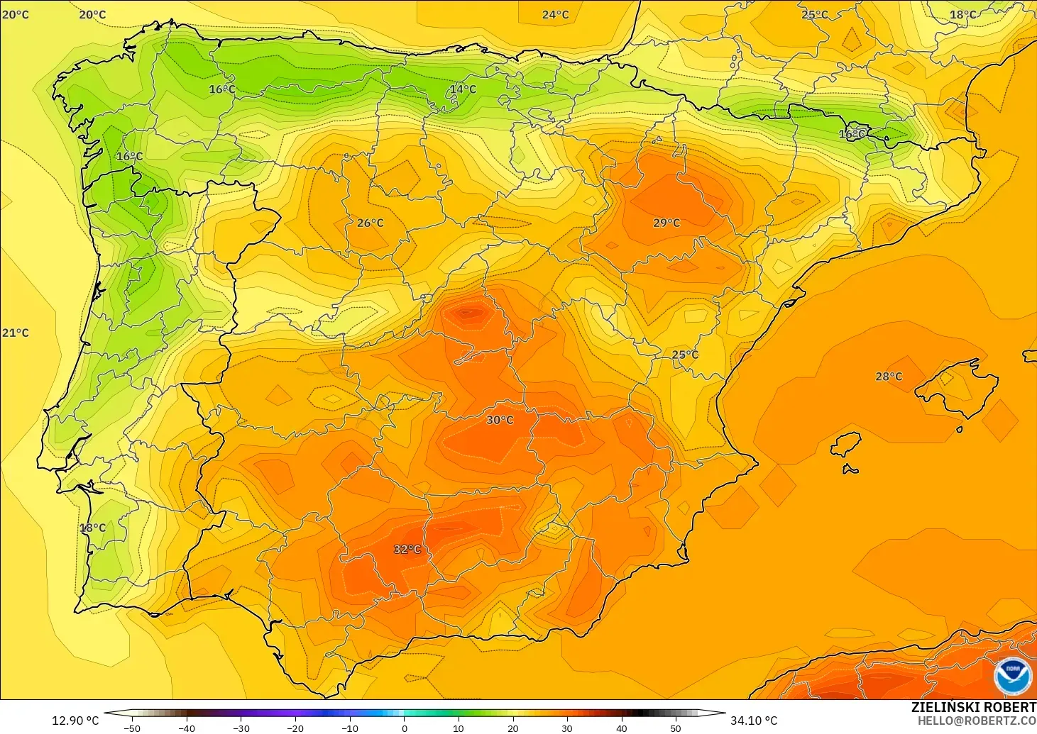 GFS modelo - España, Temperatura a 2 m