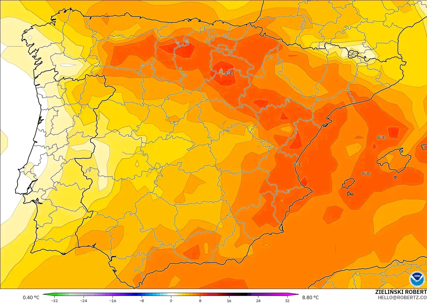 GFS modelo - España, Anomalía de temperatura a 850 hPa