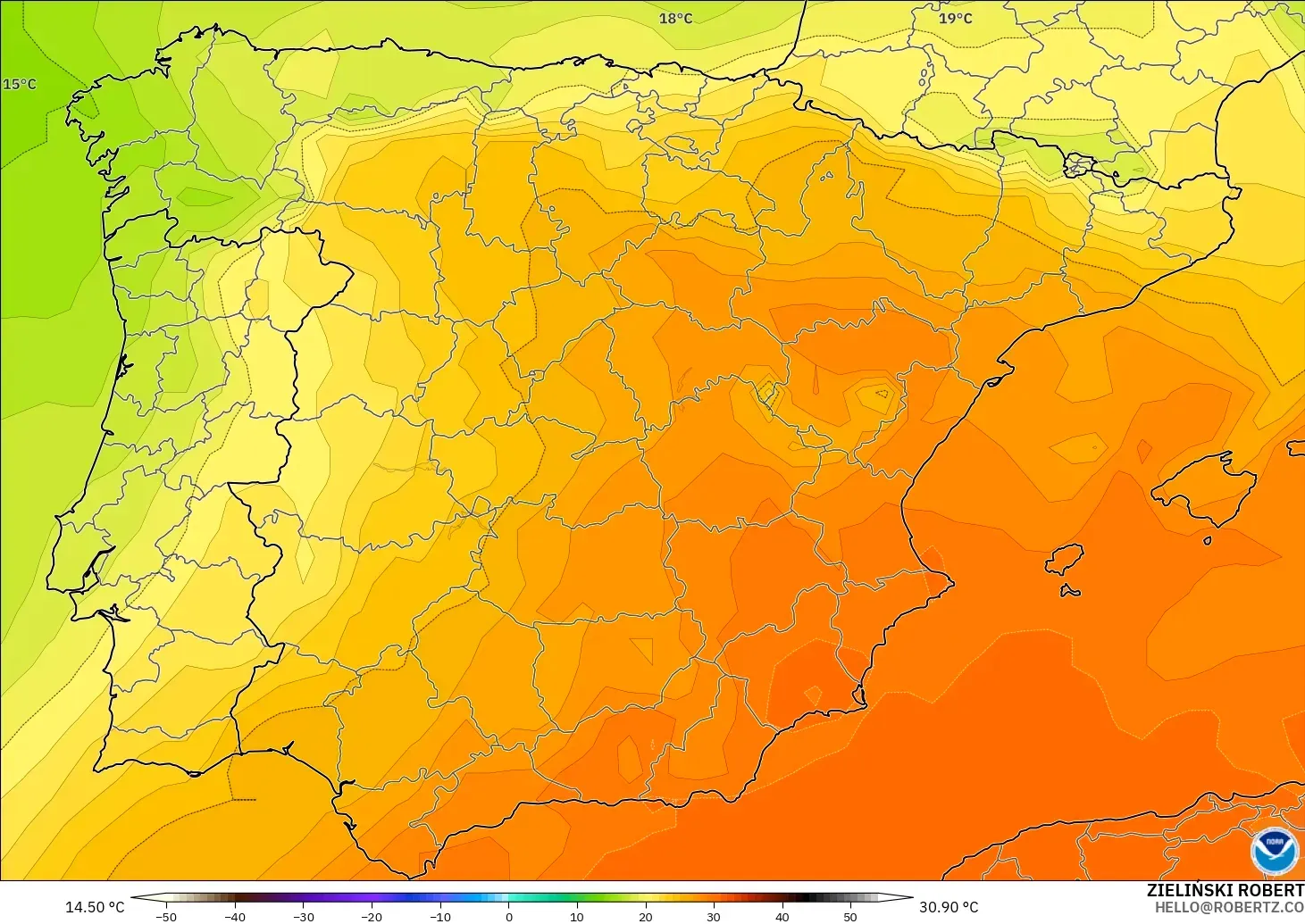 GFS modelo - España, Temperatura a 850 hPa