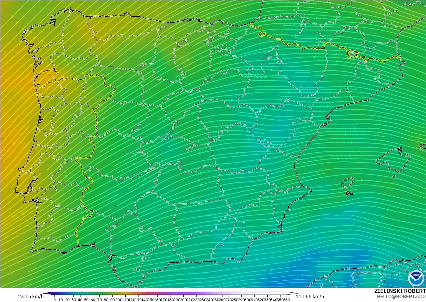 GFS modelo - España, Viento a 300 hPa (corriente en chorro)