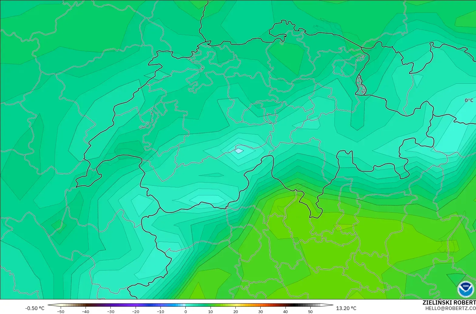 GFS modelo - Suiza, Punto de rocío a 2 m