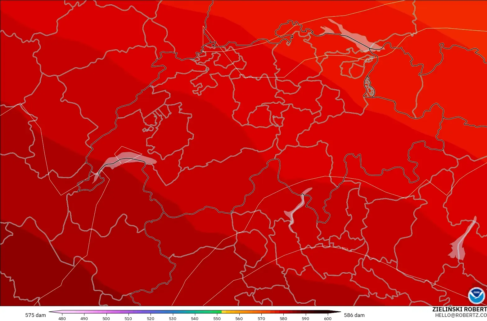 GFS modelo - Suiza, Altura geopotencial a 500 hPa