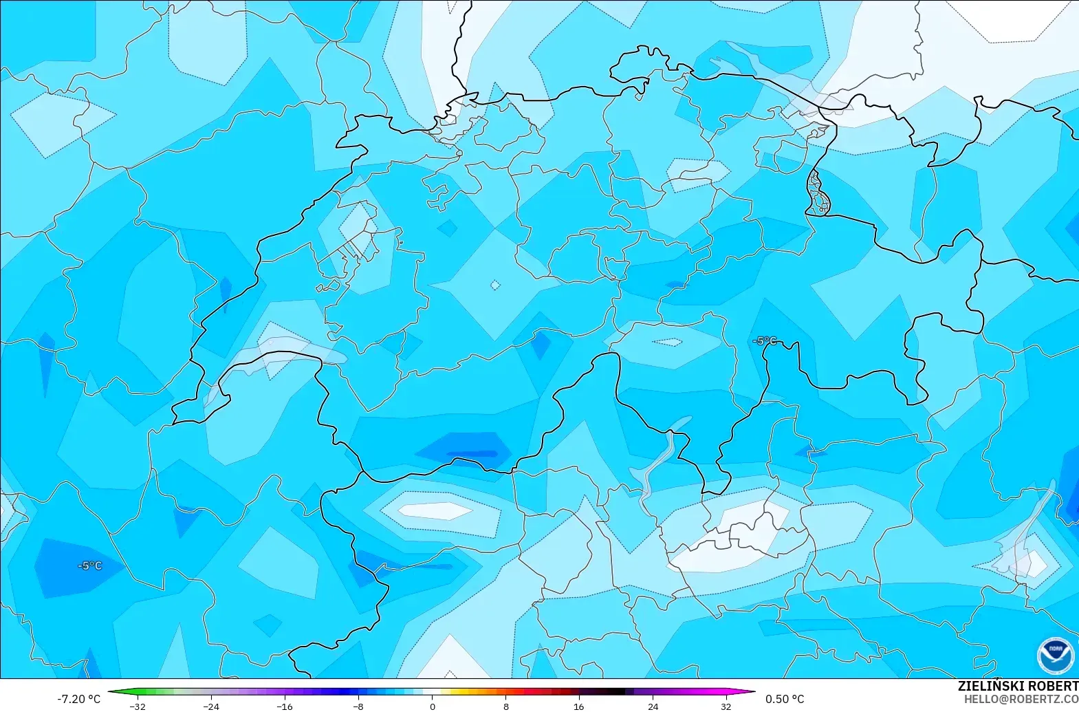 GFS modelo - Suiza, Anomalía de temperatura a 2 m