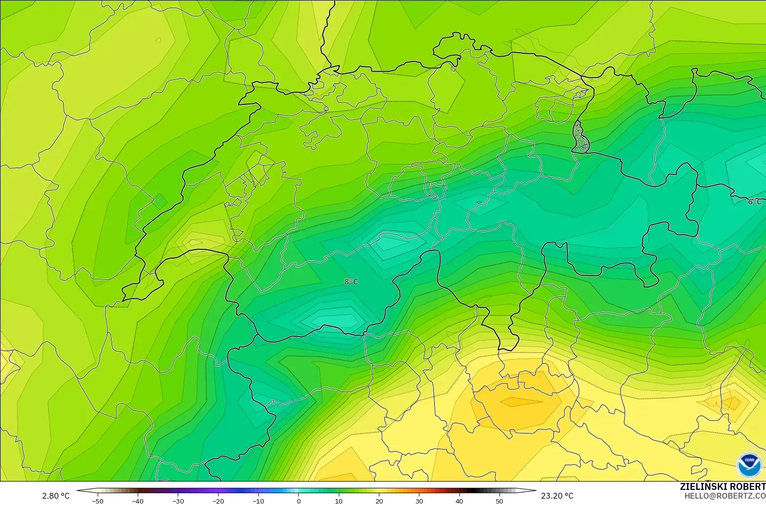 GFS modelo - Suiza, Temperatura a 2 m
