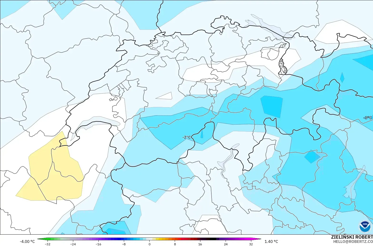 GFS modelo - Suiza, Anomalía de temperatura a 850 hPa