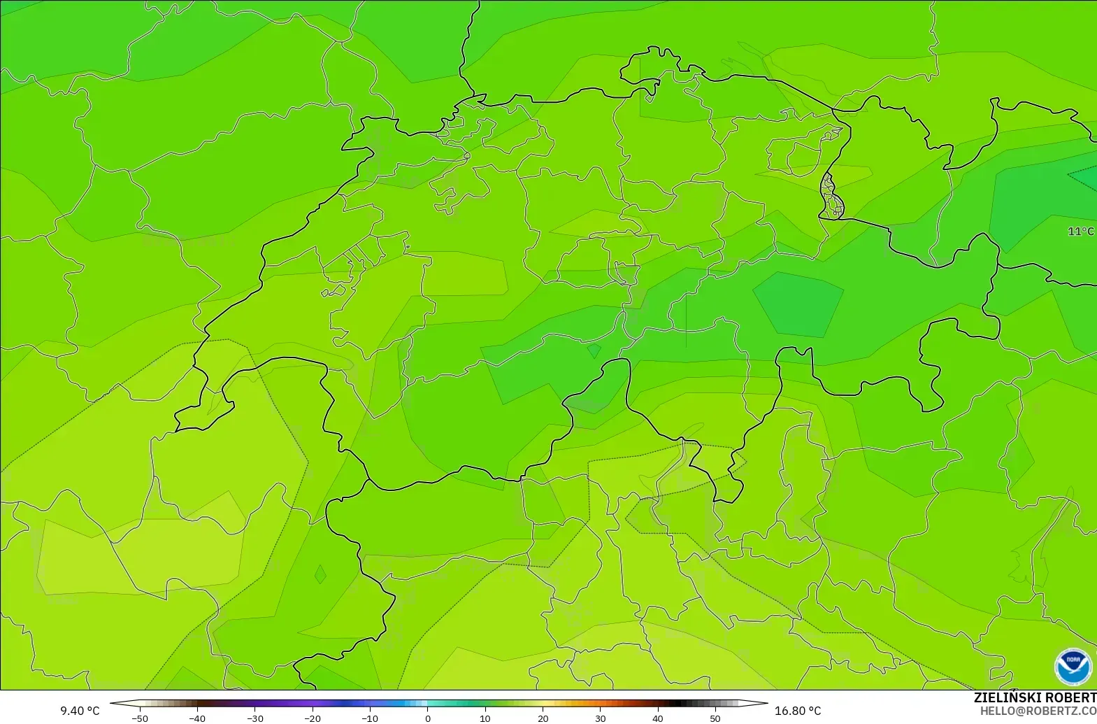 GFS modelo - Suiza, Temperatura a 850 hPa