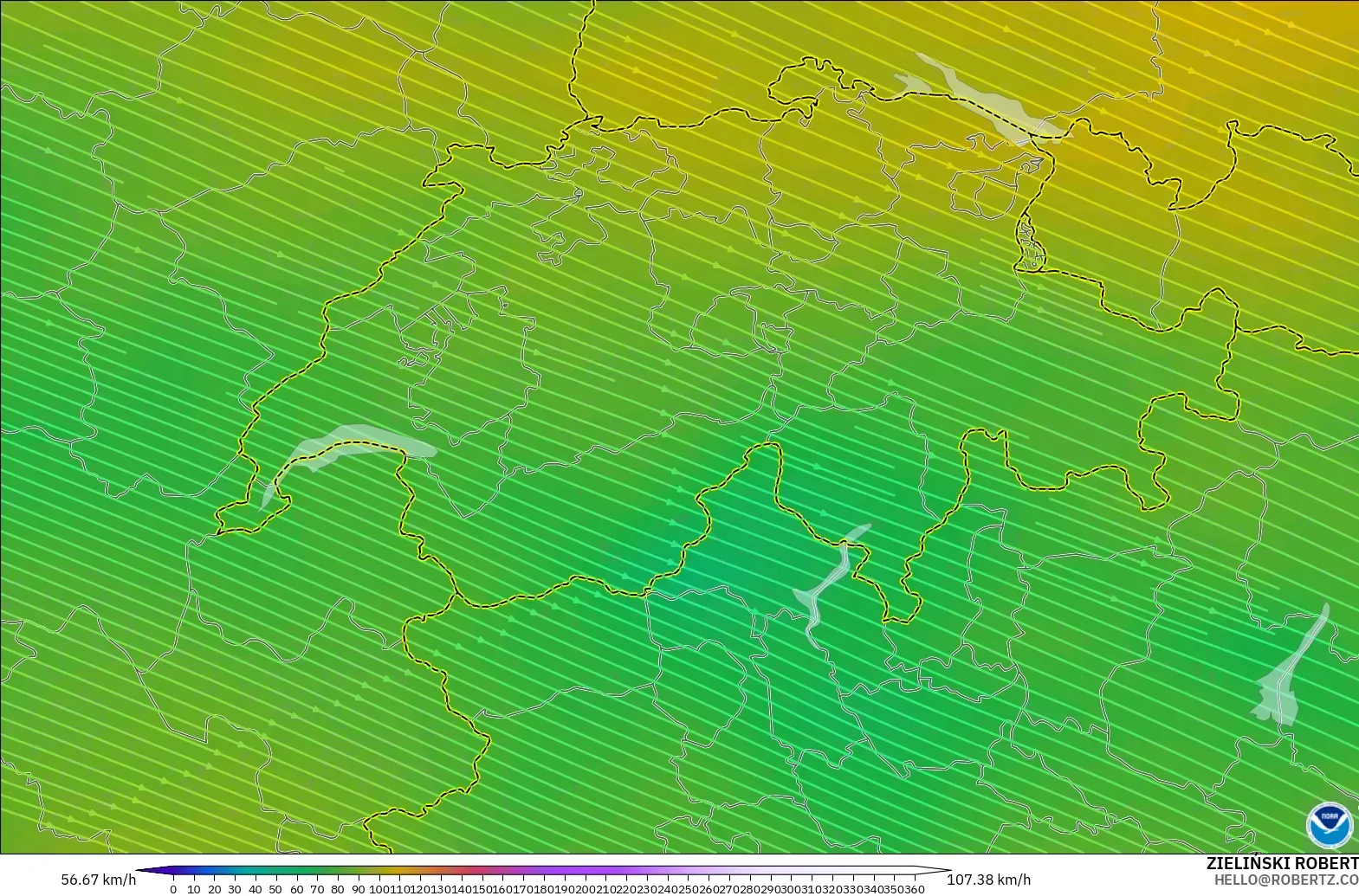 GFS modelo - Suiza, Viento a 300 hPa (corriente en chorro)