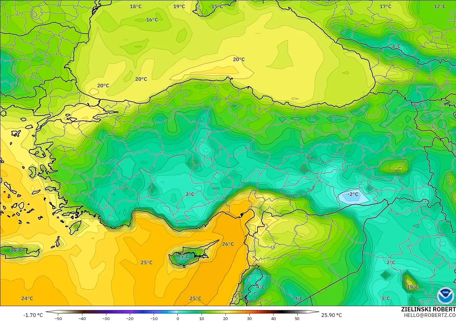 GFS modelo - Turquía, Punto de rocío a 2 m