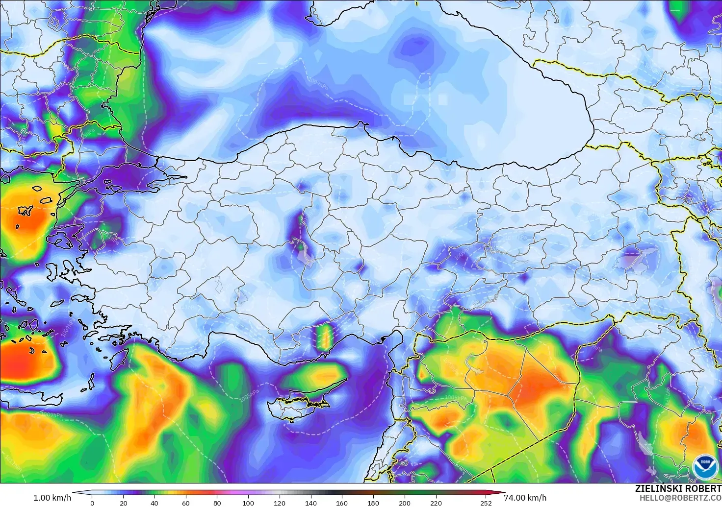 GFS modelo - Turquía, Ráfagas de Viento Máximas