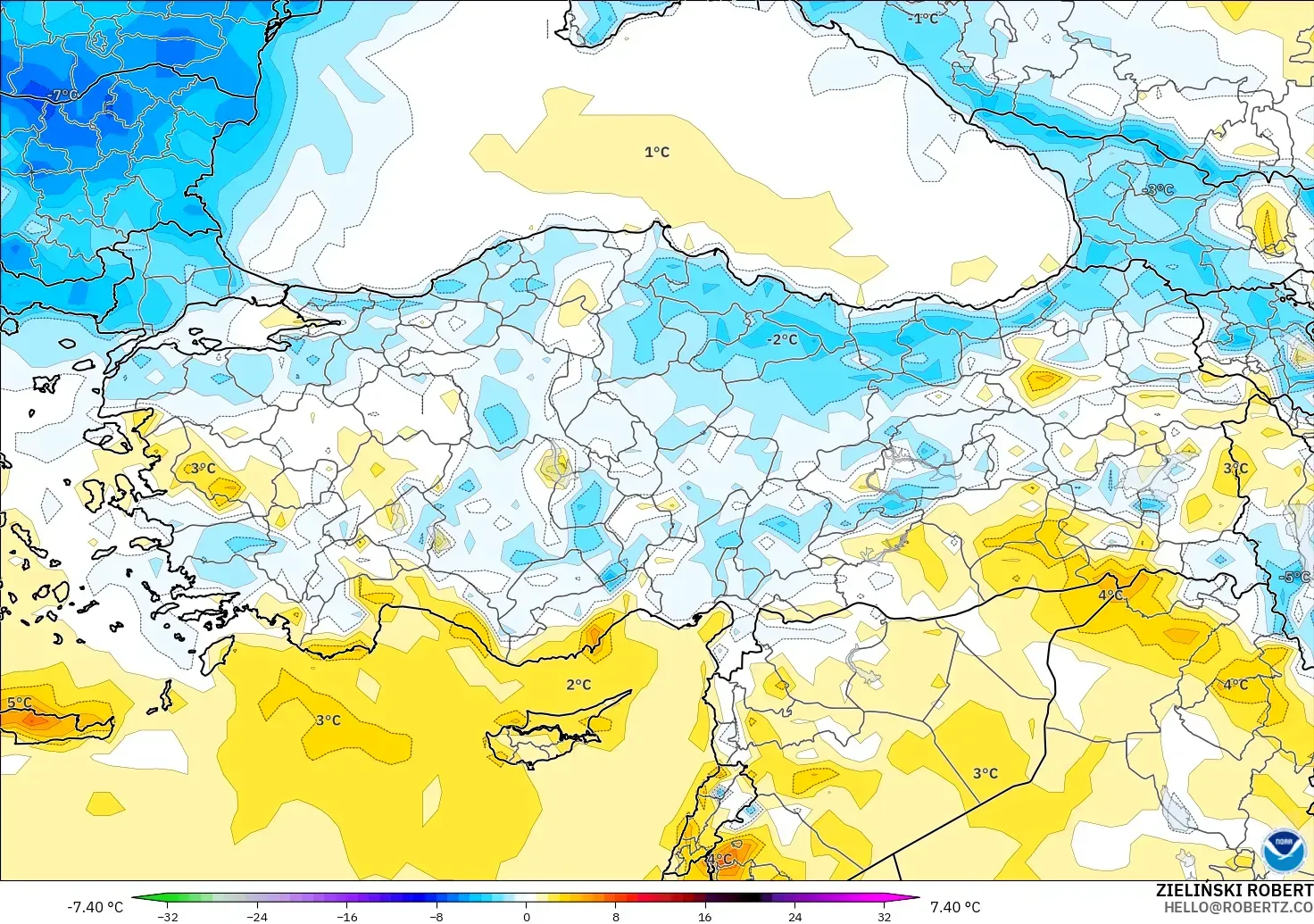 GFS modelo - Turquía, Anomalía de temperatura a 2 m