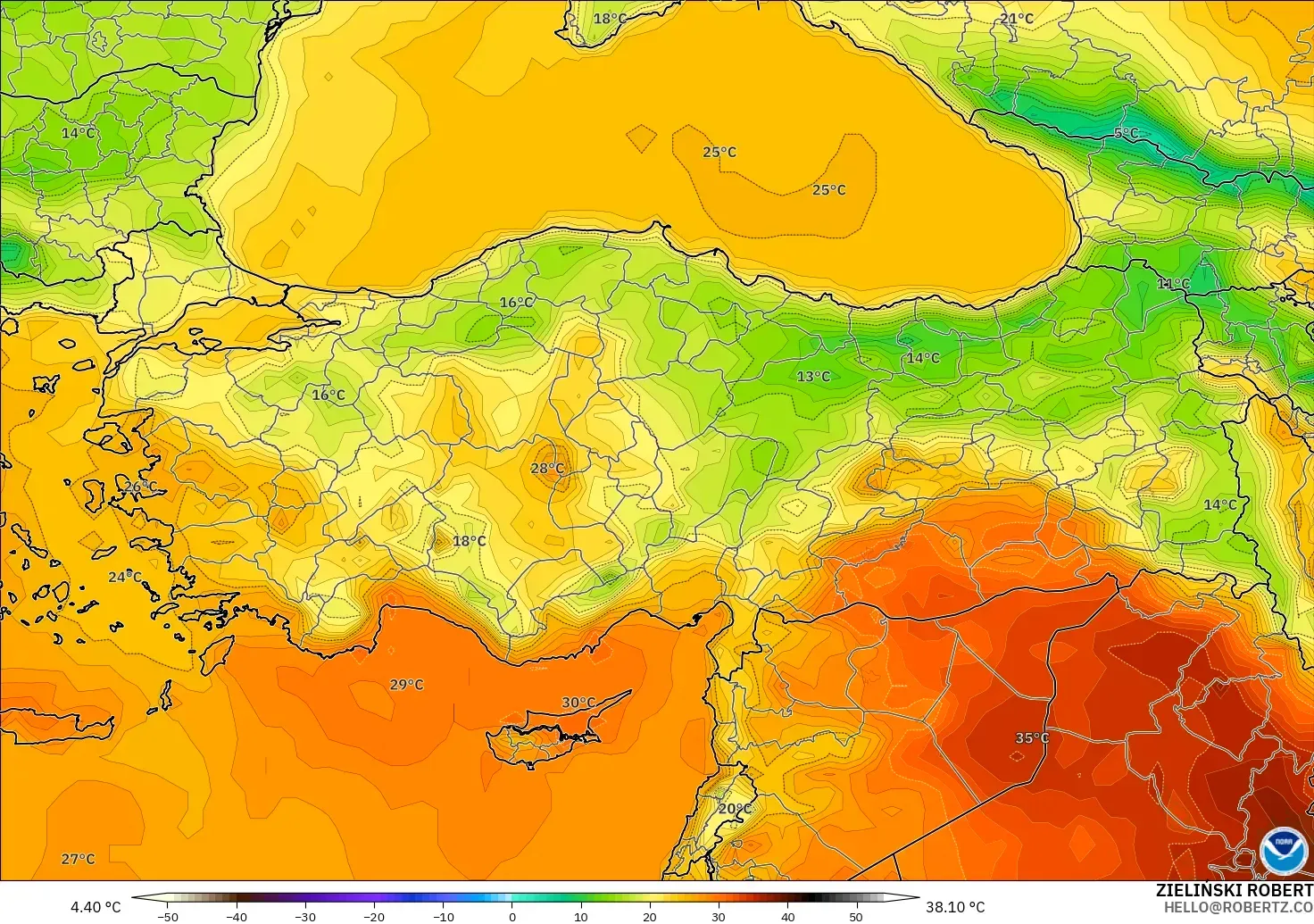 GFS modelo - Turquía, Temperatura a 2 m
