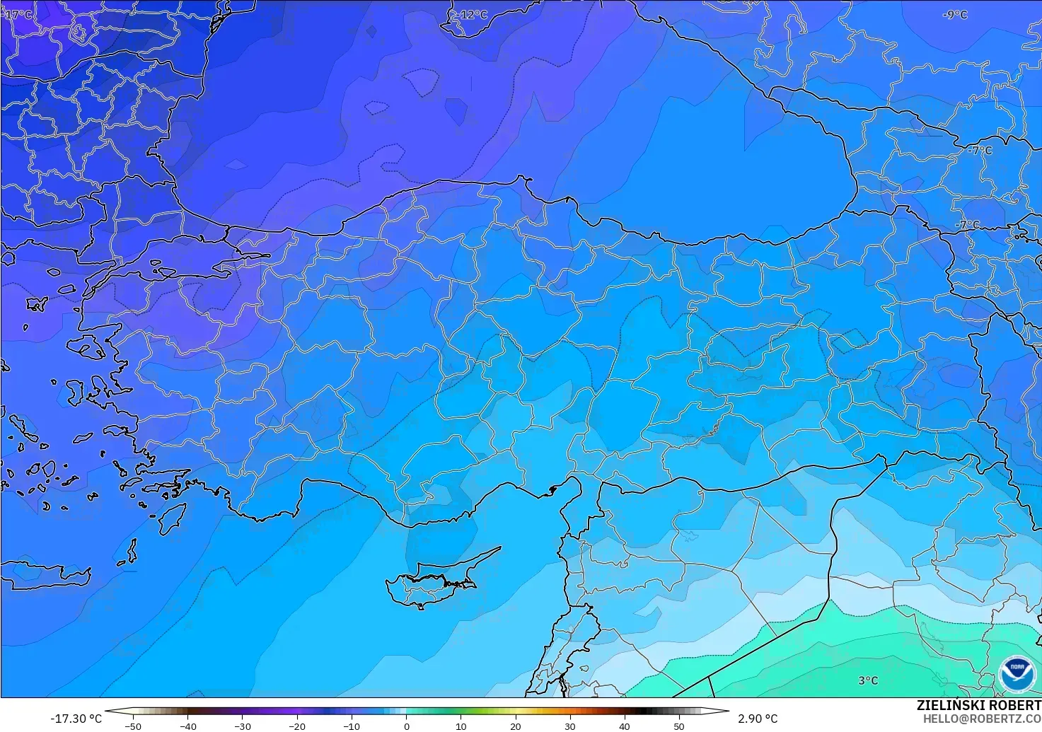 GFS modelo - Turquía, Temperatura a 500 hPa