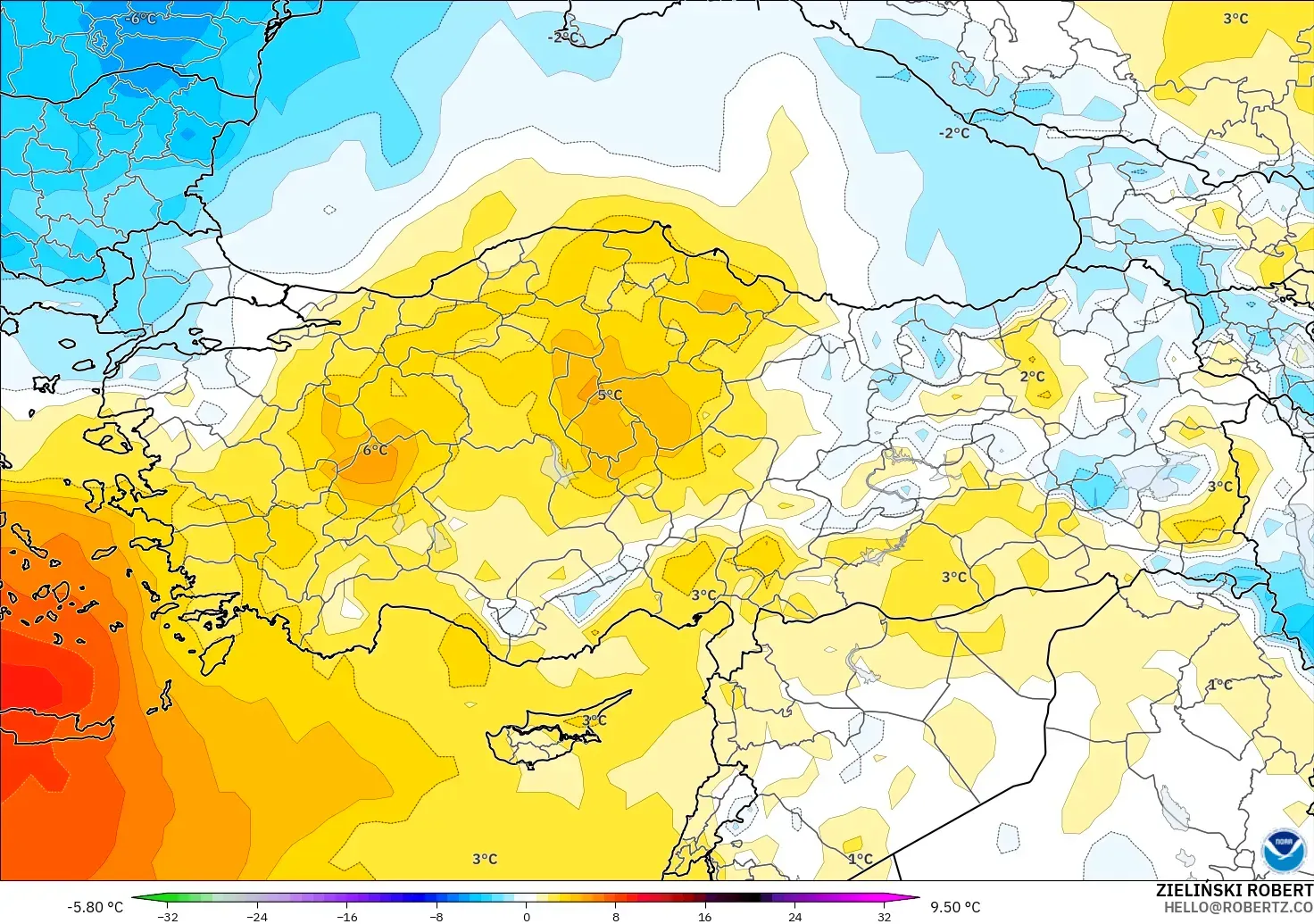 GFS modelo - Turquía, Anomalía de temperatura a 850 hPa