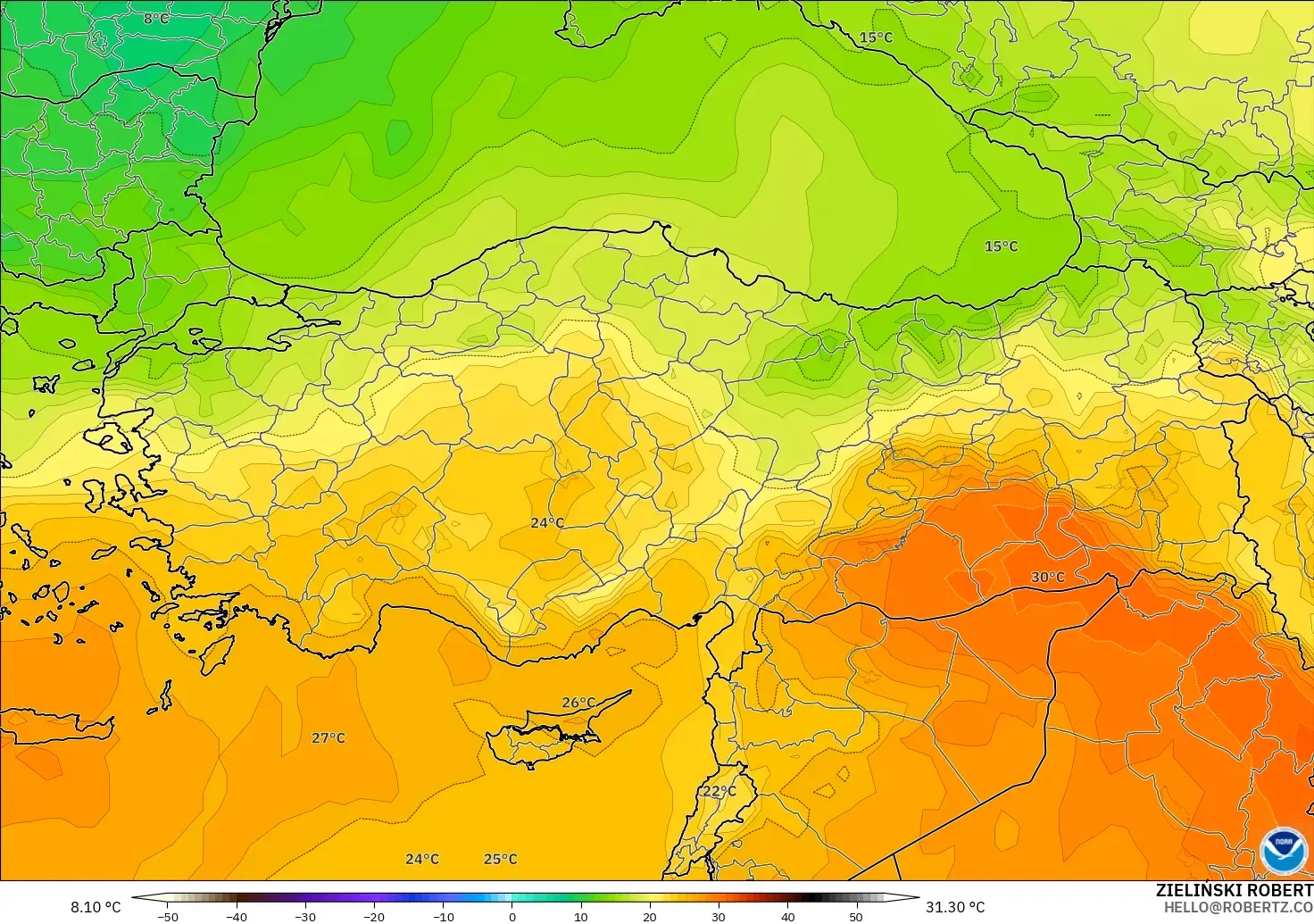 GFS modelo - Turquía, Temperatura a 850 hPa