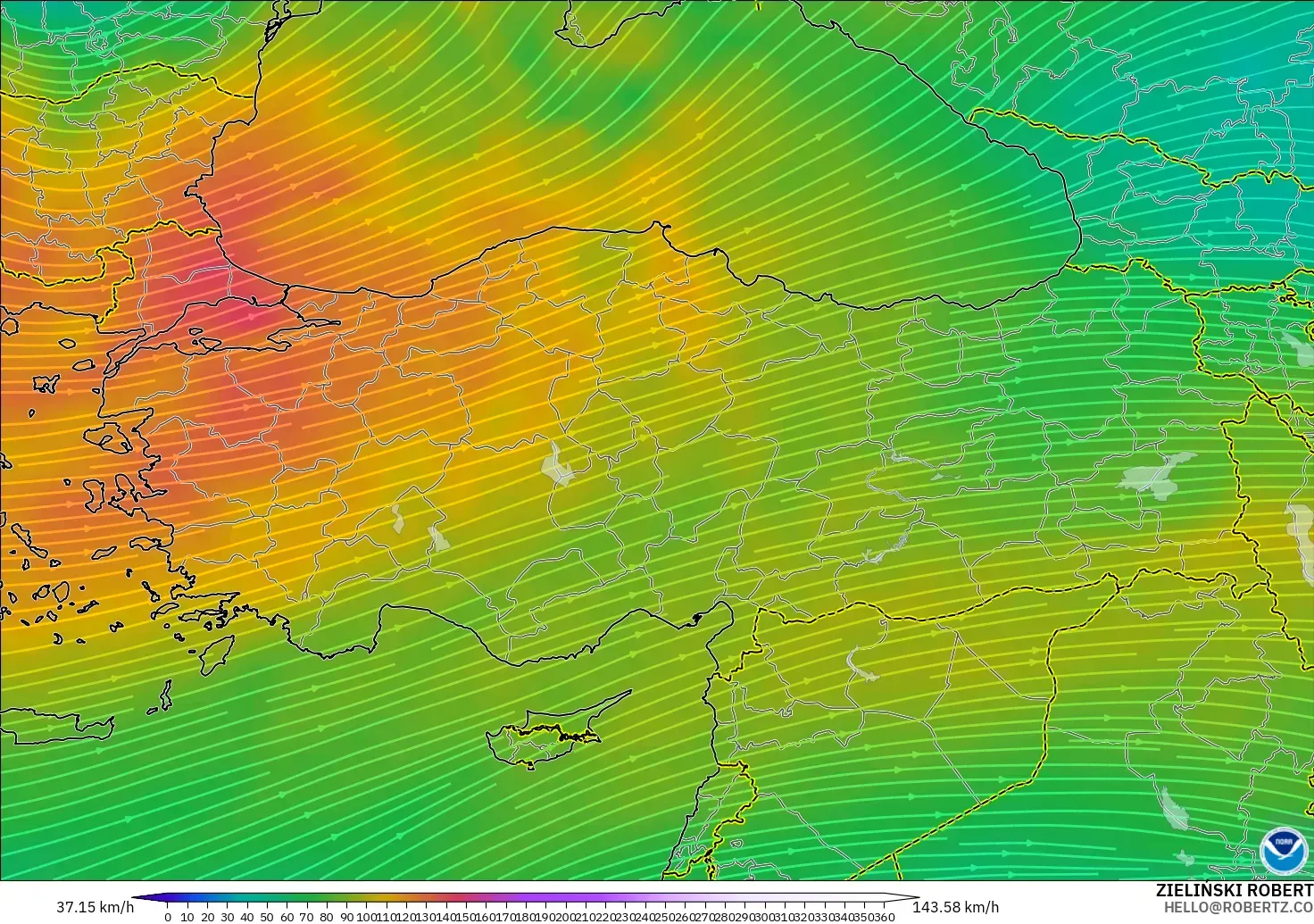 GFS modelo - Turquía, Viento a 300 hPa (corriente en chorro)