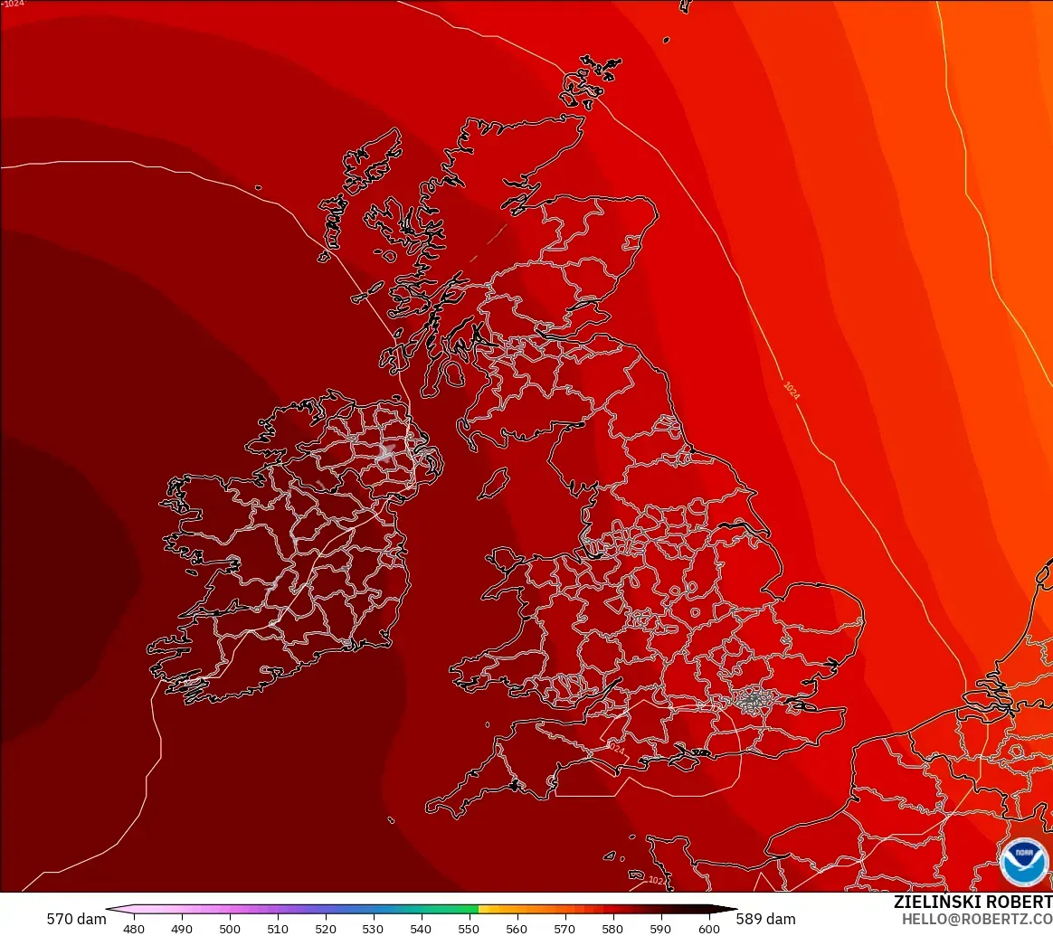 GFS modelo - Reino Unido, Altura geopotencial a 500 hPa