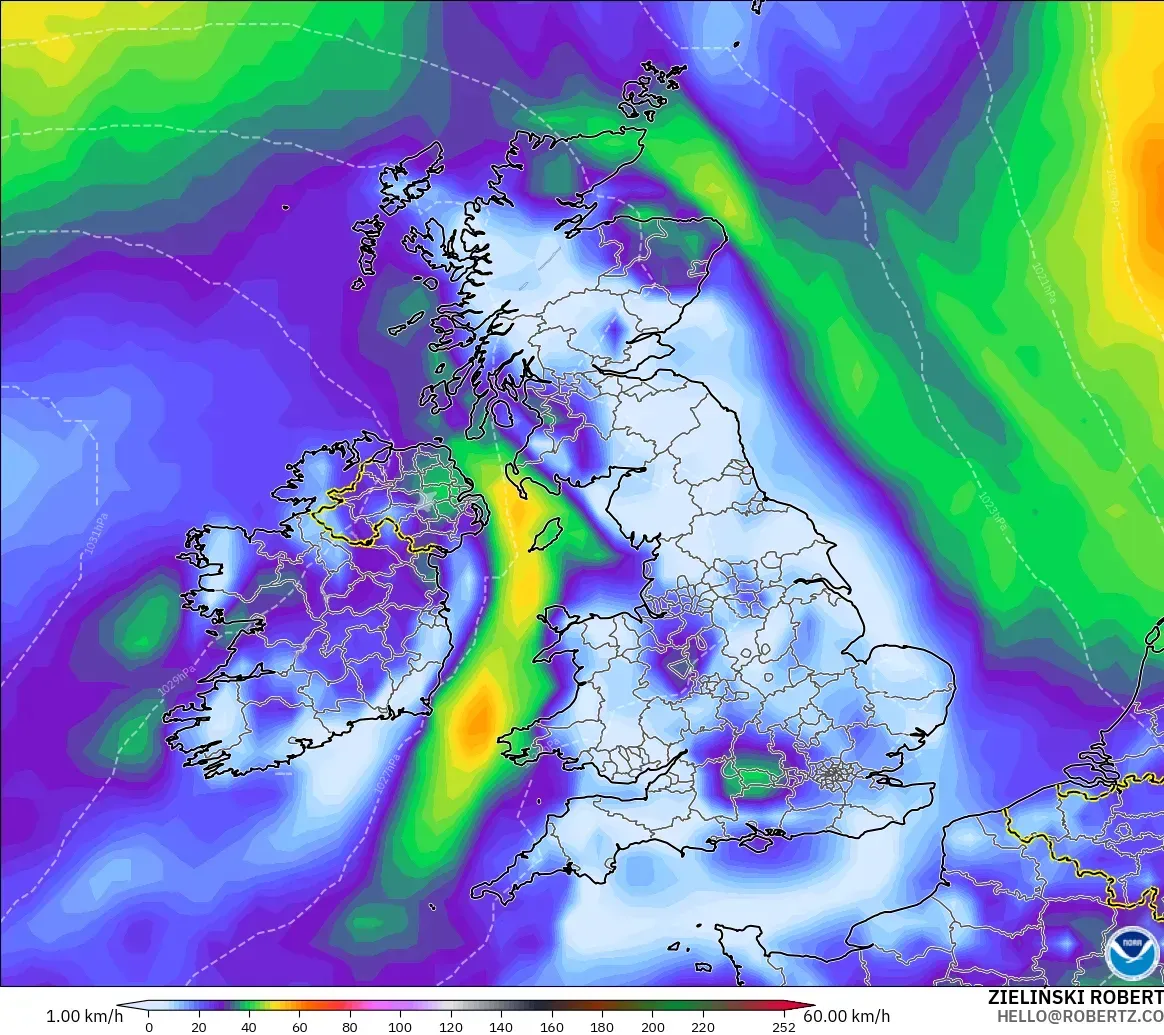 GFS modelo - Reino Unido, Ráfagas de viento