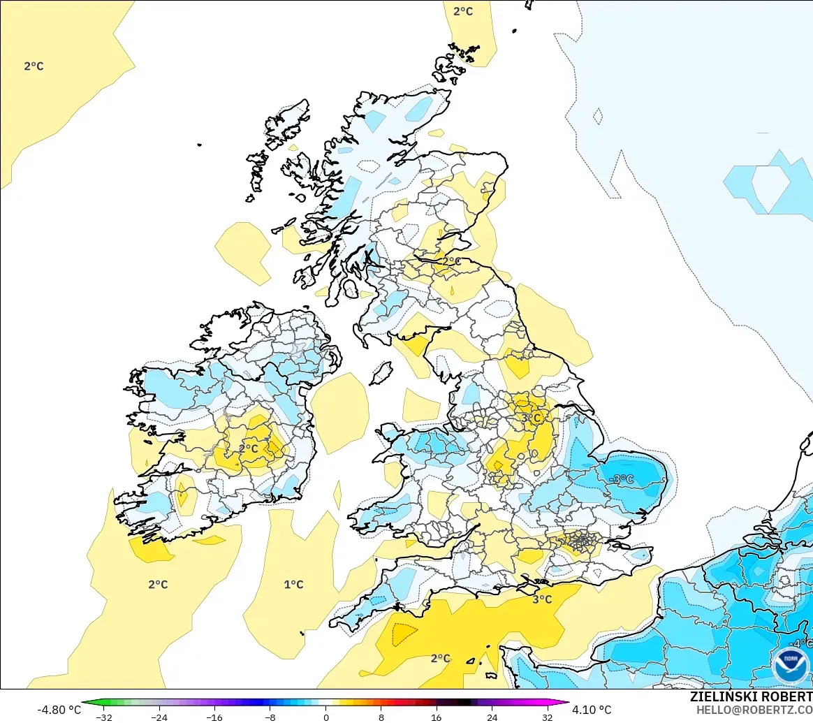 GFS modelo - Reino Unido, Anomalía de temperatura a 2 m