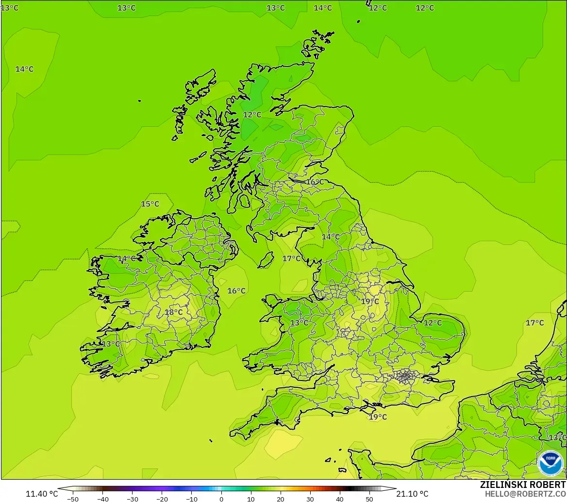 GFS modelo - Reino Unido, Temperatura a 2 m
