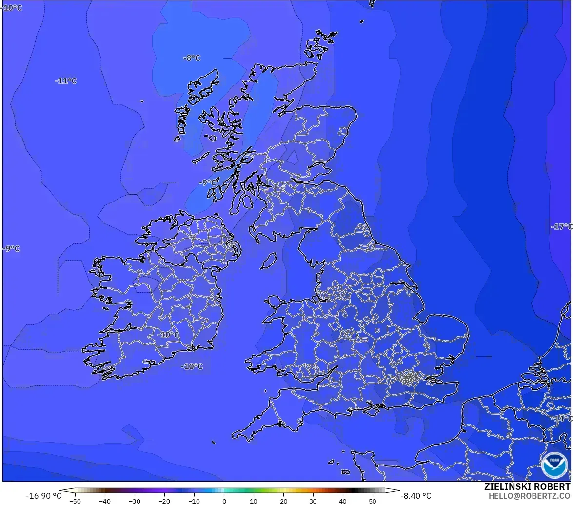 GFS modelo - Reino Unido, Temperatura a 500 hPa