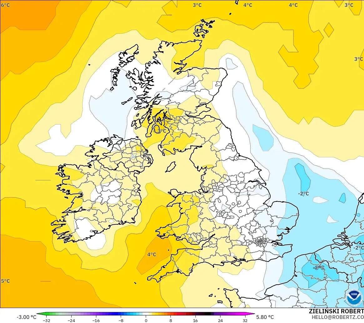 GFS modelo - Reino Unido, Anomalía de temperatura a 850 hPa