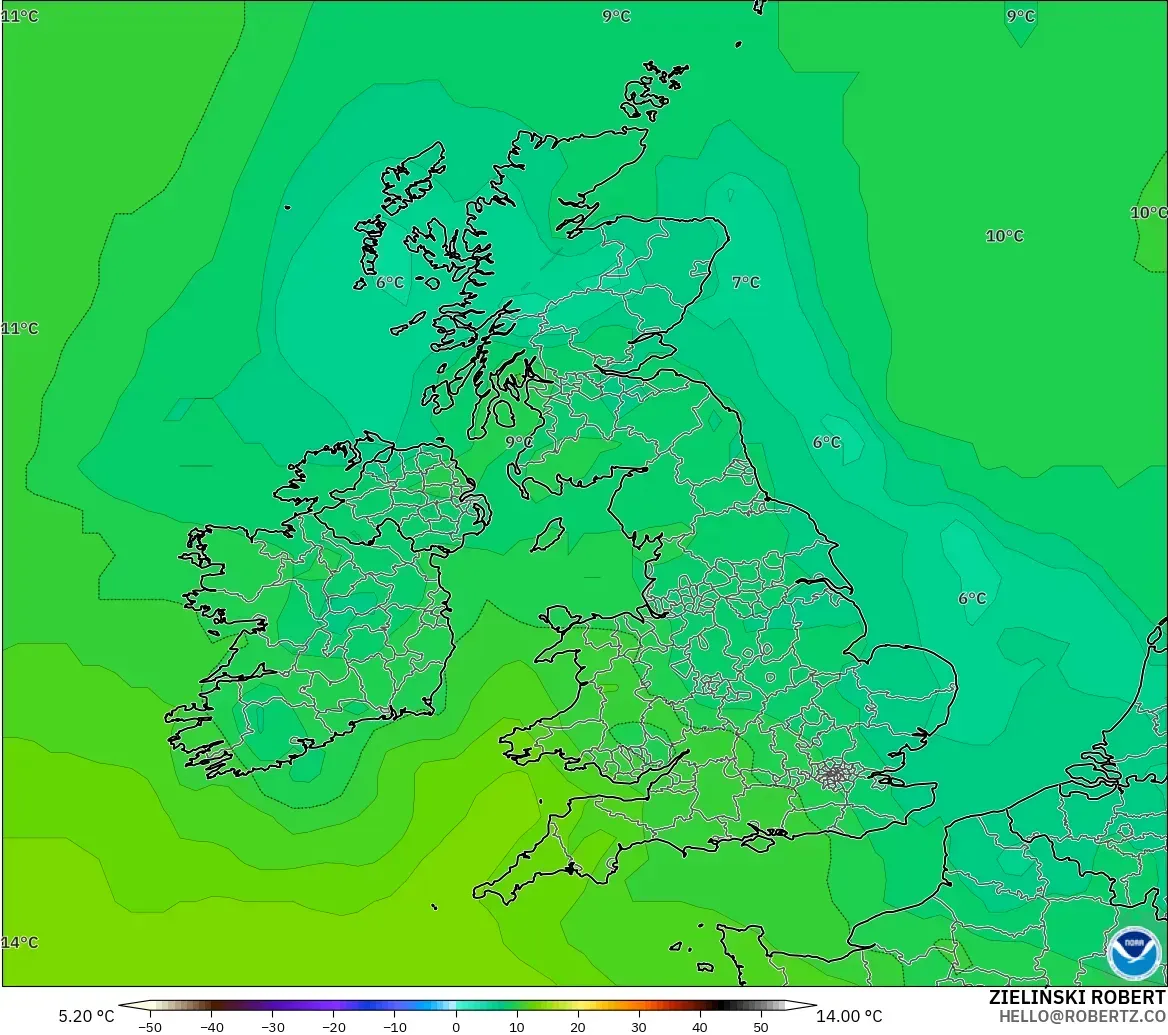 GFS modelo - Reino Unido, Temperatura a 850 hPa