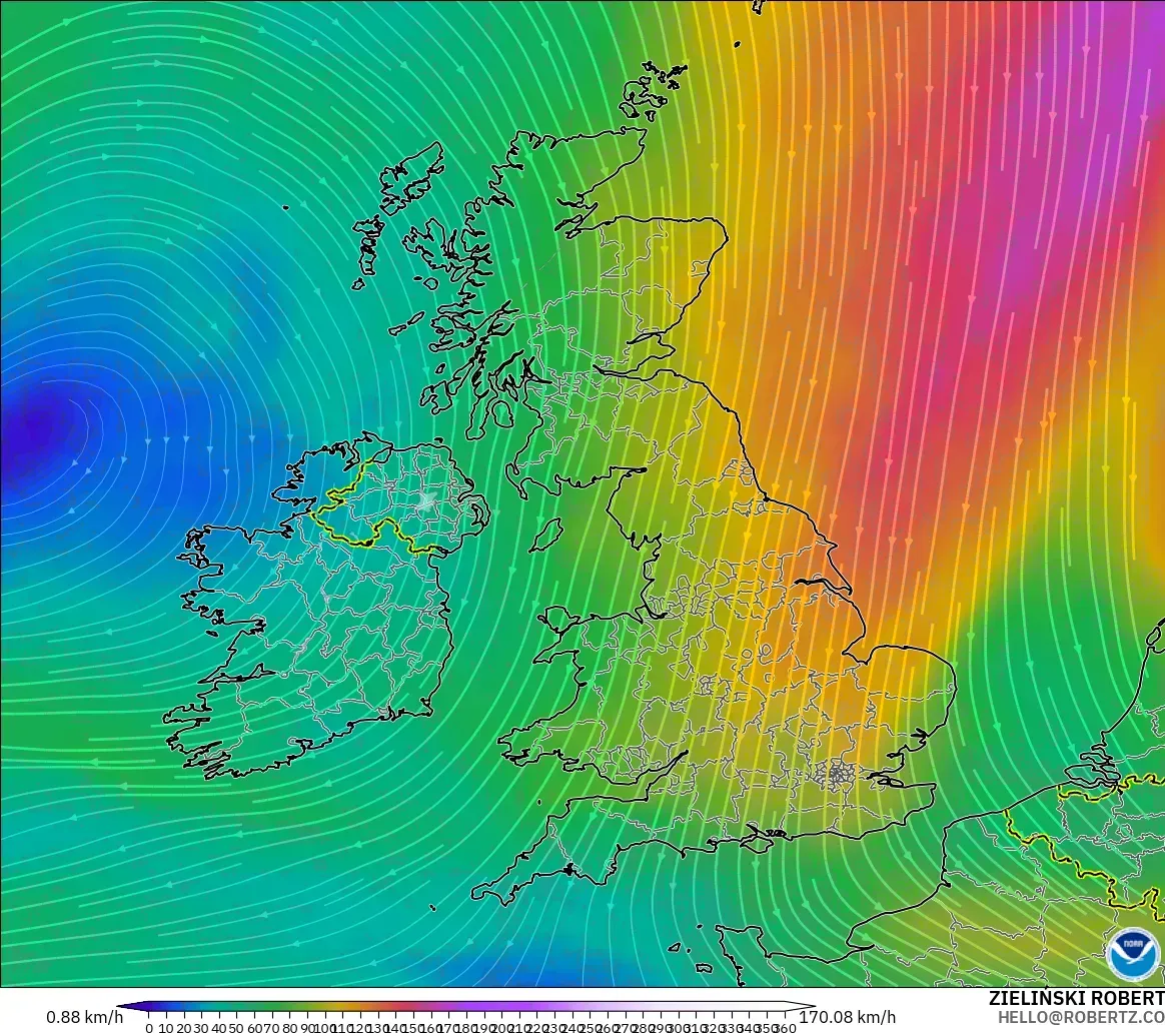 GFS modelo - Reino Unido, Viento a 300 hPa (corriente en chorro)