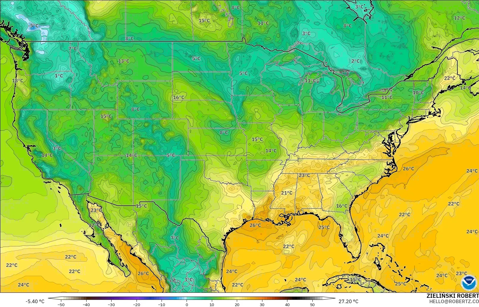 GFS modelo - Estados Unidos, Punto de rocío a 2 m