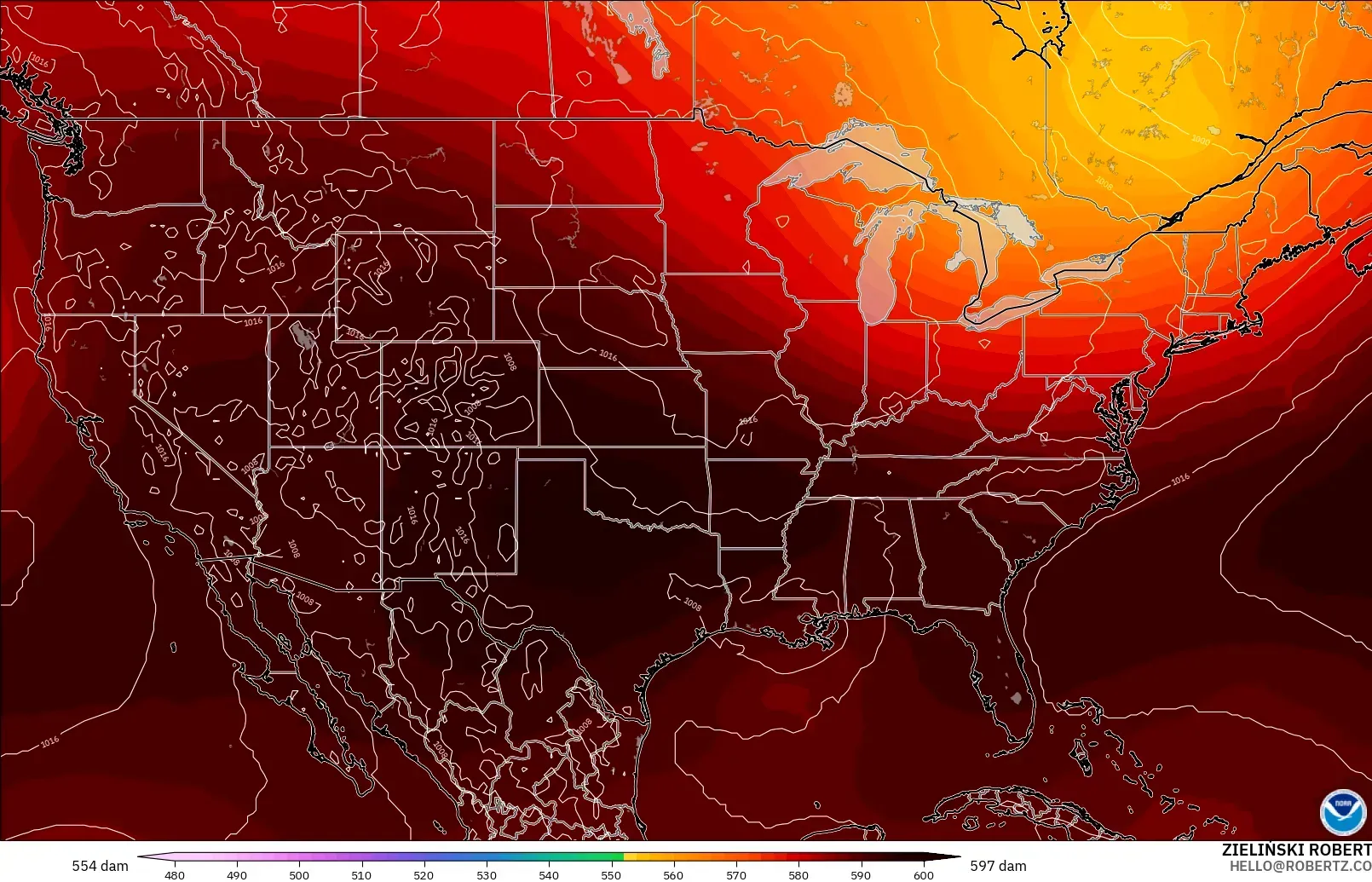 GFS modelo - Estados Unidos, Altura geopotencial a 500 hPa